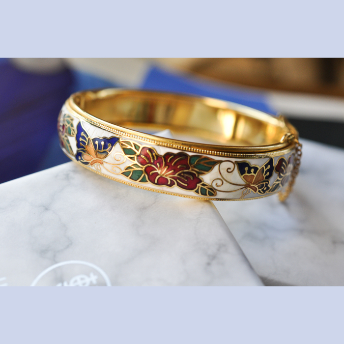 Butterfly and Flower - Jingtai Blue Vintage Bangle - Cooper Base Cloisonne