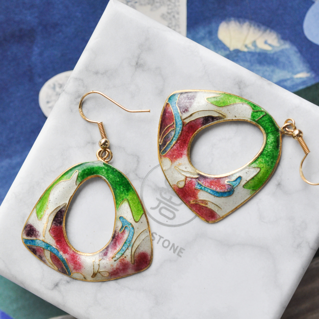 Garden - Green and Red - Vintage Jingtai Blue Cloisonne Earrings
