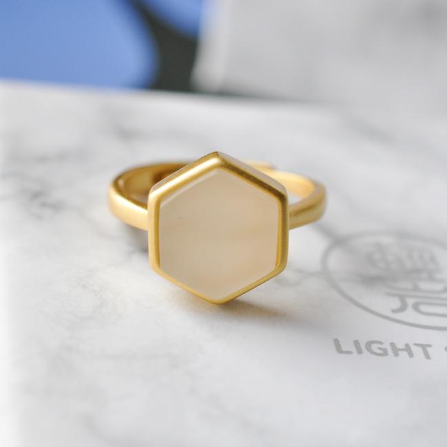 Hexagon - Gold Outline - White Jade Silver Ring