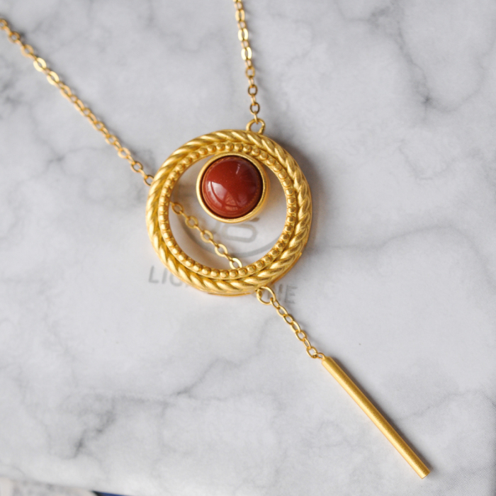 Gold Wheel - Red Agate Silver Necklace