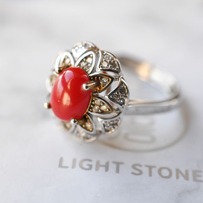 Silver Flower  - Red Coral 925 Silver Ring - Size Adjustable (Fit Size 4 -12)
