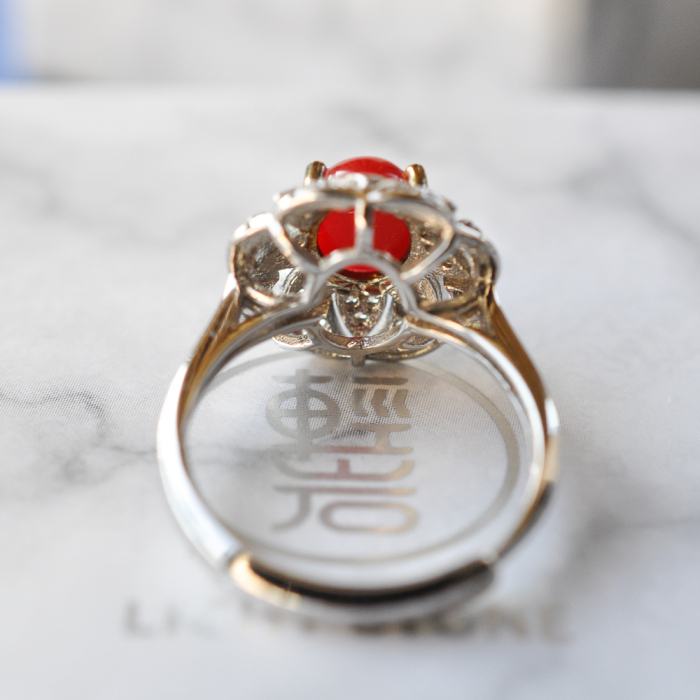 Silver Flower  - Red Coral 925 Silver Ring - Size Adjustable (Fit Size 4 -12)