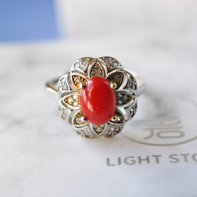 Silver Flower  - Red Coral 925 Silver Ring - Size Adjustable (Fit Size 4 -12)