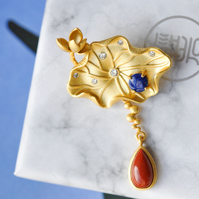 Lotus - Lazurite - Gold Painted Sterling Silver Brooch