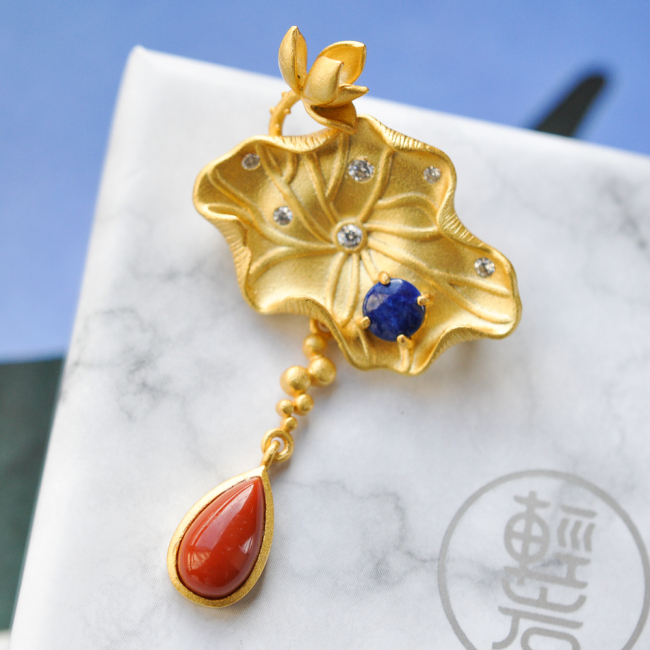 Lotus - Lazurite - Gold Painted Sterling Silver Brooch