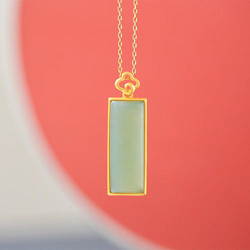 Designer Rectangle Qiemo Jade Gold Sterling Silver Necklace