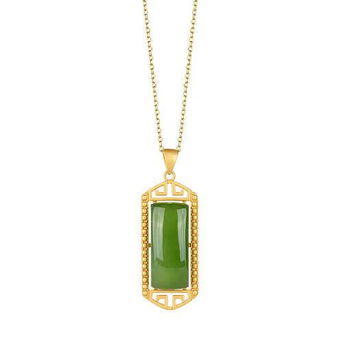 Designer Rectangle Green Jade Gold Sterling Silver Necklace