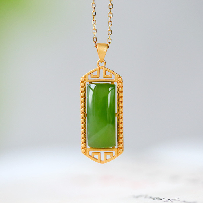 Designer Rectangle Green Jade Gold Sterling Silver Necklace on a white background