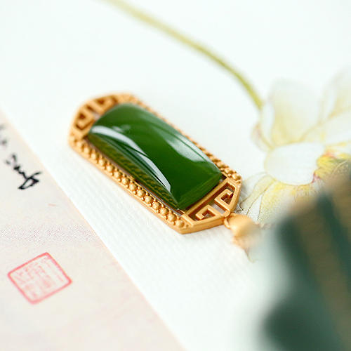Designer Rectangle Green Jade Gold Sterling Silver Necklace
