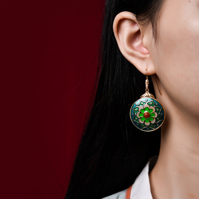 Vintage oversized earrings with green agate and enamel technique