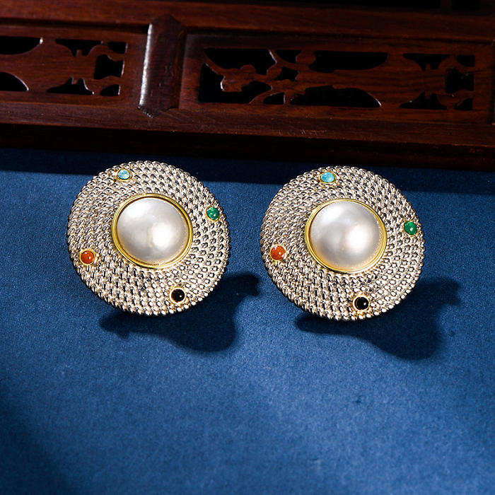 Extravagant Mabe Pearl Earrings with Silver Circles and Gemstones - Light Stone Jewellery