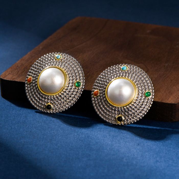 Extravagant Mabe Pearl Earrings with Silver Circles and Gemstones - Light Stone Jewellery
