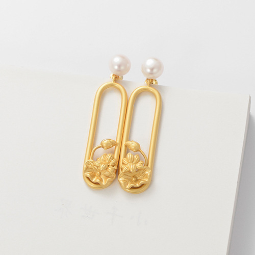 Gold Lotus Pearl Stud Silver Earrings - Light Stone Jewellery