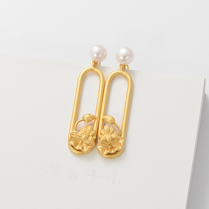 Gold lotus pearl stud earrings