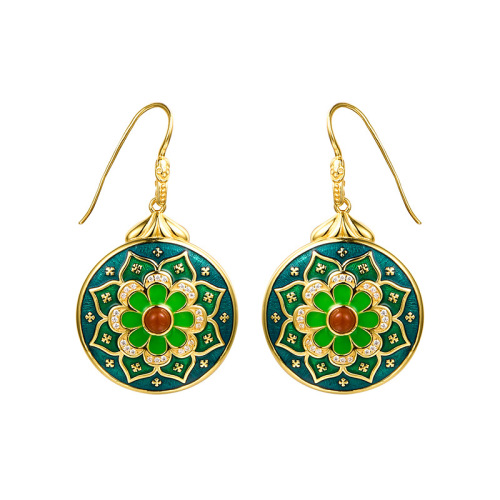 Forbidden City - Vintage Oversized Earrings with Red Agate and Green Enamel Technique - Light Stone Jewellery