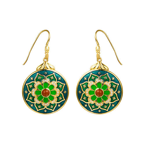 Forbidden City - Vintage Oversized Earrings with Red Agate and Green Enamel Technique - Light Stone Jewellery