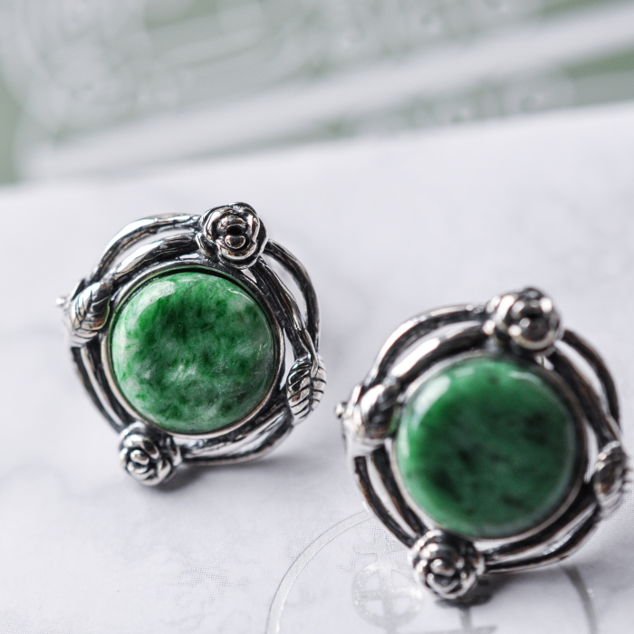 Jadeite stud earrings with silver rose and leaf