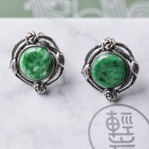 Jadeite Stud Earrings with Silver Rose and Leaf - Light Stone Jewellery
