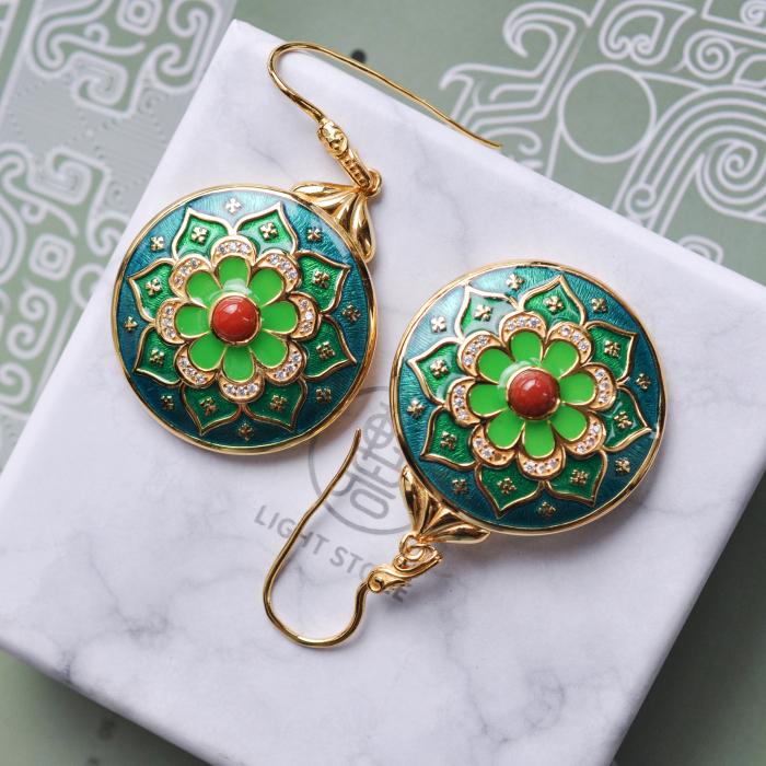 Vintage oversized earrings with green agate and enamel technique