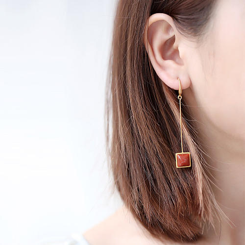 Elegant S925 Gold-plated Long Earrings with Square Red Agate - Light Stone Jewellery