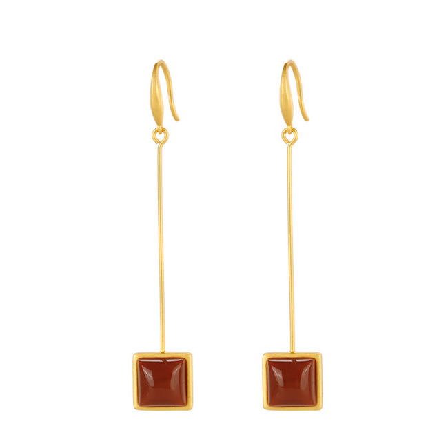 Elegant S925 Gold-plated Long Earrings with Square Red Agate - Light Stone Jewellery