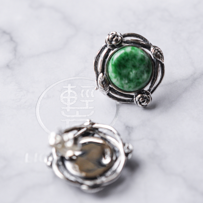 Jadeite stud earrings with silver rose and leaf