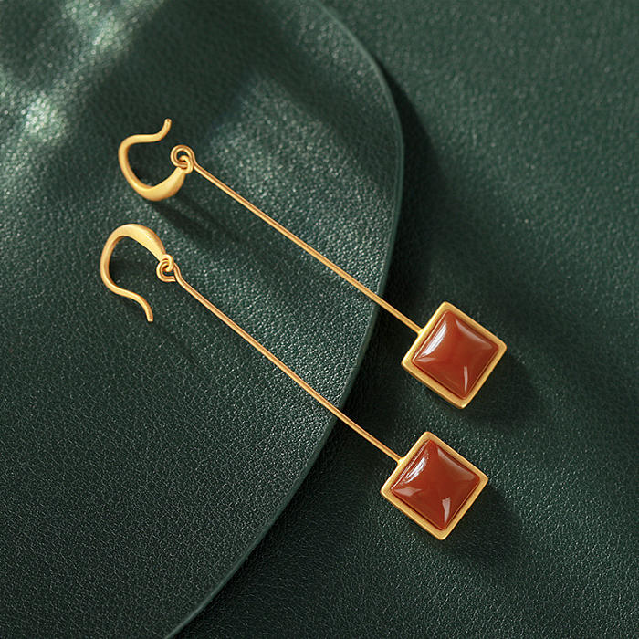 Elegant long earrings with square carnelian