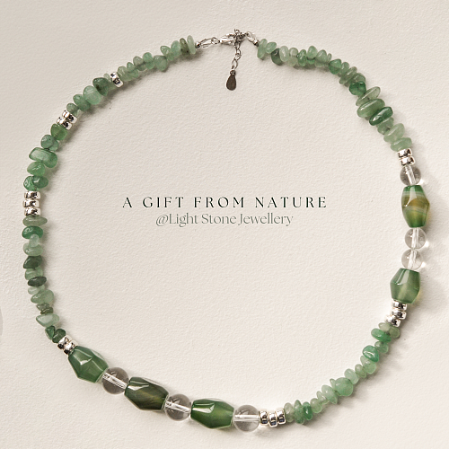 Verdant Enchantment: Designer Handmade Stone and Crystal Necklace with Green Agate