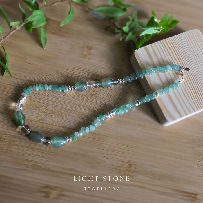 Verdant Enchantment designer handmade stone and crystal necklace featuring green agate beads 