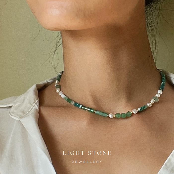 Jade Waves & Mist - High-End Designer Handmade Stone Necklace with Twisted-Pattern Agate, Pearls, and Dongling Jade