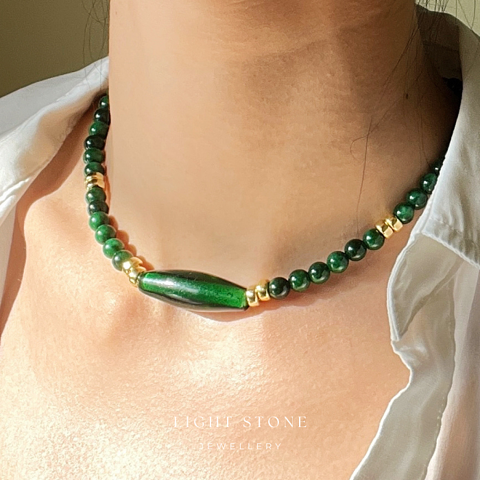 Jade on Gold Breeze: Designer Handmade Stone Necklace with Dried Green Jade and Zibo Colored Glaze