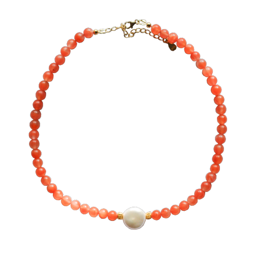 Crimson Blossom, Silver Moon: Designer Handmade Stone Necklace with Southern Red Agate and Pearl
