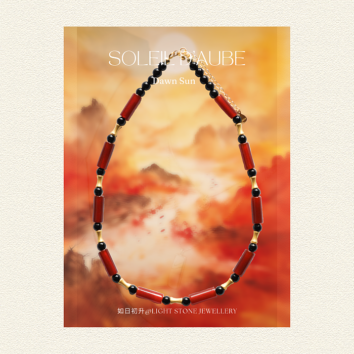 Dawn Sun designer handmade stone necklace featuring red and black agate beads