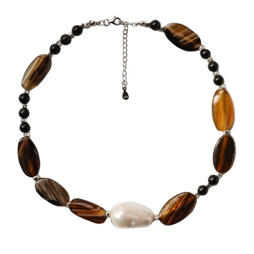 Mist-Cloaked Peaks Designer Handmade Stone Chocker Necklace with Baroque Pearl and Striped Agate
