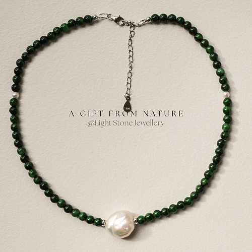 Pearl-Green Waves: Designer Handmade Stone Necklace Chocker with Dark Green Jade and White Pearl
