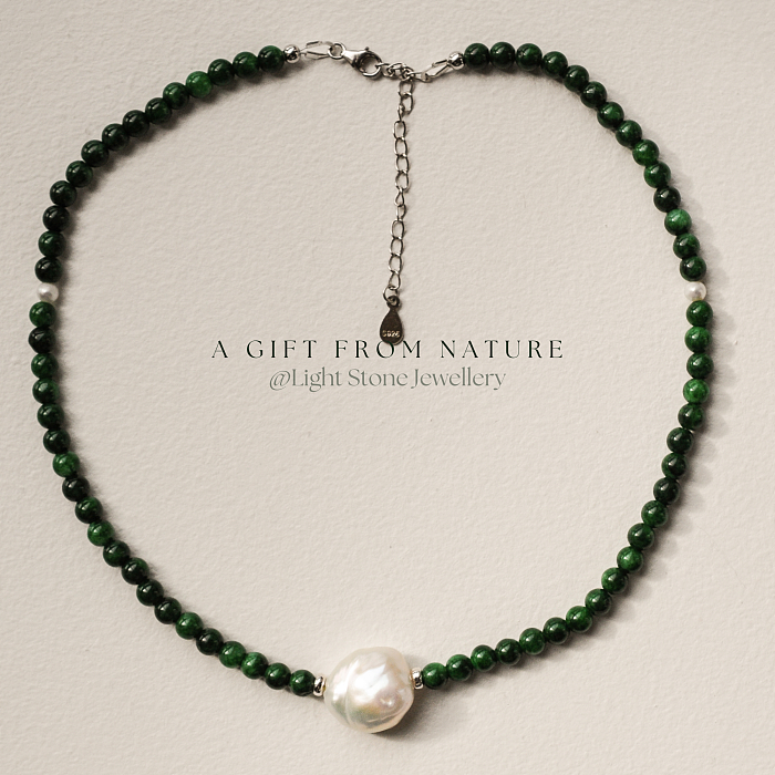 Pearl-Green Waves designer handmade stone necklace featuring Gan Qing jade beads and a large white pearl centerpiece