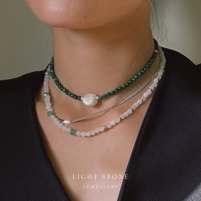 Pearl-Green Waves designer handmade stone necklace featuring Gan Qing jade beads and a large white pearl centerpiece