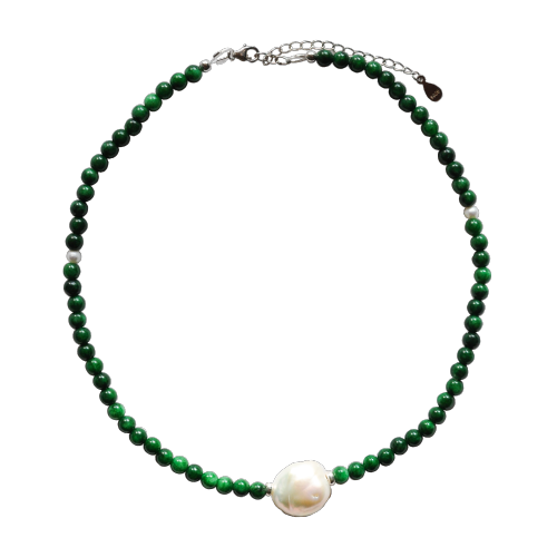 Pearl-Green Waves: Designer Handmade Stone Necklace Chocker with Dark Green Jade and White Pearl