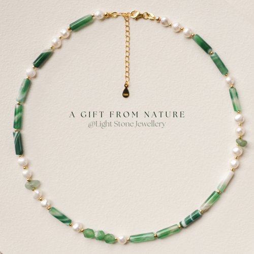 Jade Waves & Mist - High-End Designer Handmade Stone Necklace with Twisted-Pattern Agate, Pearls, and Dongling Jade