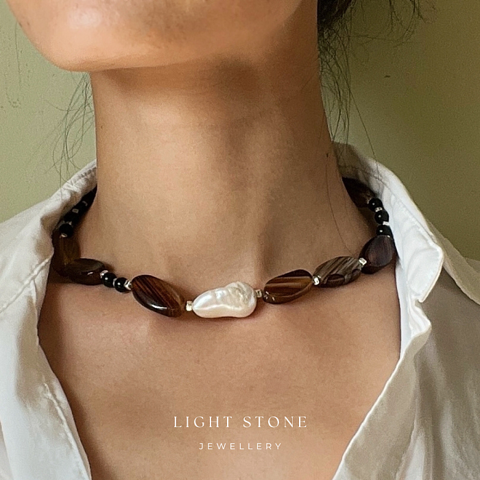 Mist-Cloaked Peaks designer necklace featuring a central Baroque pearl and striped agate stones