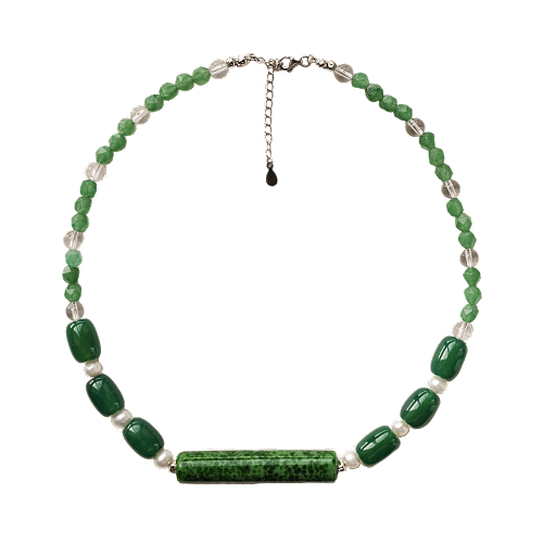 Emerald Ripple: Designer Handmade Stone Necklace Choker with Liuli, Green Agate, and White Pearls