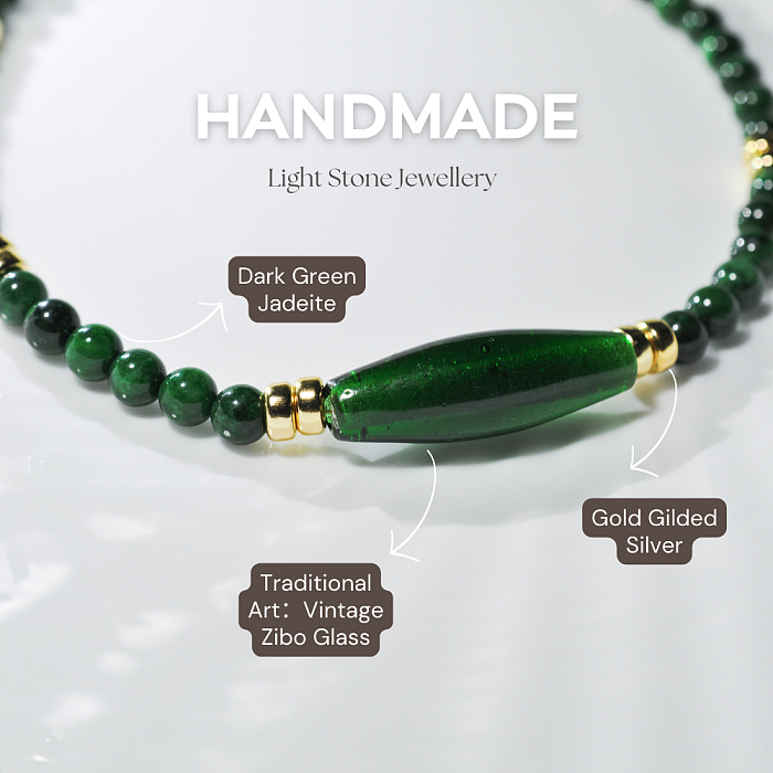 Jade on Gold Breeze designer handmade stone necklace featuring dried green jade and Zibo colored glaze