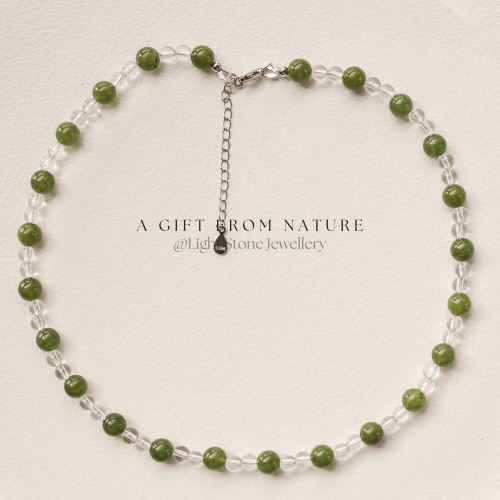 Crystal Spring: Designer Handmade Stone and Crystal Necklace  Chocker with Pale Green Jade