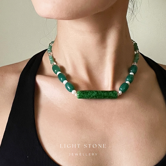 Emerald Ripple designer handmade stone necklace featuring Liuli stone, green agate, and white pearls