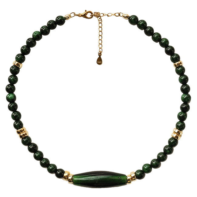 Jade on Gold Breeze: Designer Handmade Stone Necklace with Dried Green Jade and Zibo Colored Glaze