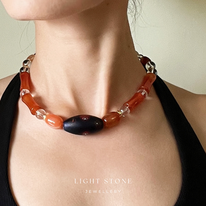 Cherry Dream crystal and stone necklace featuring red agate and a handcrafted Zibo glass bead