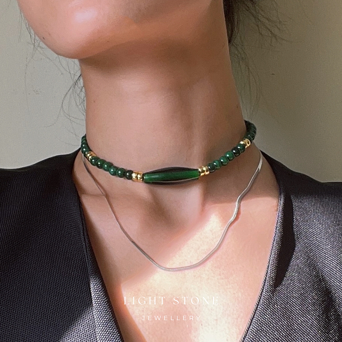Jade on Gold Breeze designer handmade stone necklace featuring dried green jade and Zibo colored glaze