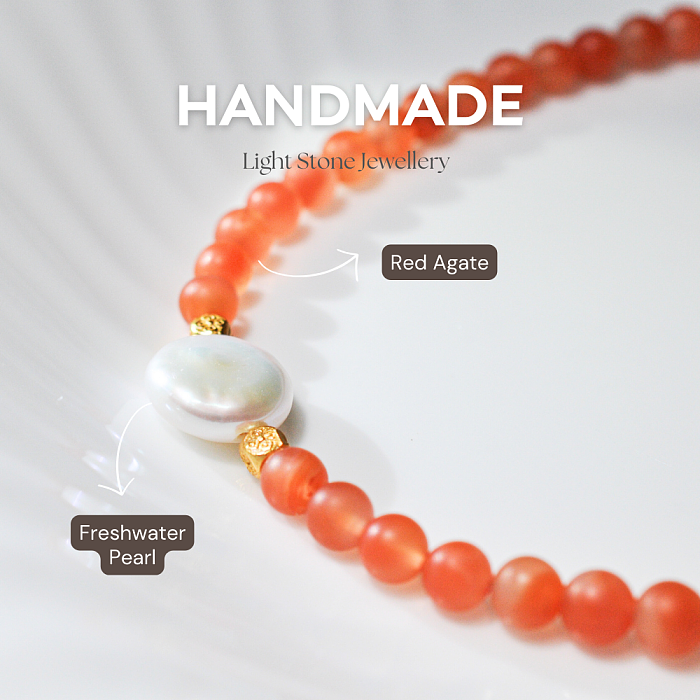 crimson Blossom, Silver Moon designer handmade stone necklace featuring Southern Red Agate and a luminous pearl