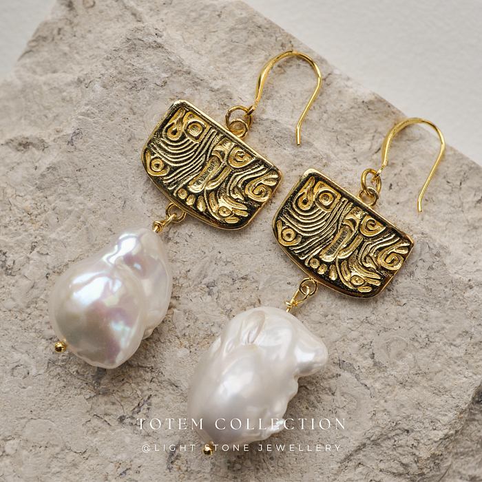 Elegant Golden Phoenix Feather - Totem - Baroque Pearl Silver Earrings