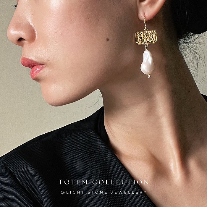Retro-Modern Phoenix Totem Baroque Pearl Earrings - Unique Designer Craftsmanship